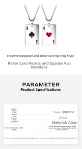 Spécifications techniques détaillées du collier pendentif carte à jouer de 70 cm