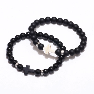 Natural stone cross bracelets with matte and polished obsidian beads for couples