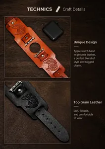 Details von Vintage-Lederarmband mit Wolf-Totem-Prägung und silbernen Metallnieten