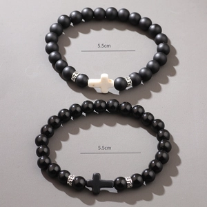 Matte and glossy natural black stone bracelets with cross charms and 5.5cm inner diameter