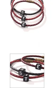 Détails du bracelet en cuir tressé avec fermoir magnétique et perles à lettres carrées
