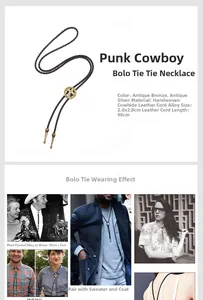 Detail of vintage cross bolo tie with antique silver finish and braided leather cord