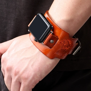 Vintage Eagle Totem Embossed Cowhide Leather Watch Band Punk Cuff Bracelet Wristband For Apple Watch Compatible Strap Replacement