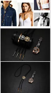 Detail of vintage cross bolo tie with woven cord and matching checkered strap watch