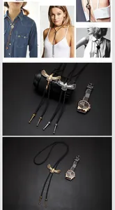 Detail of vintage eagle bolo tie with braided leather cord and classic quartz watch