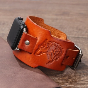 Retro Wolfskopf Totem Geprägt Echtes Rindleder Uhrenarmband Punk Stil Breite Manschette Strap Für Smart Watch Zubehör