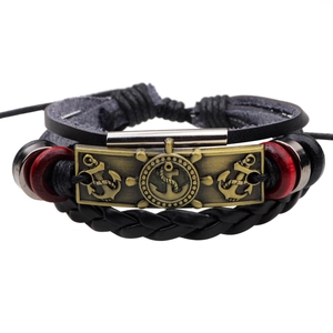 Vintage Men Braided Genuine Leather Bracelet Multi-layer Nautical Anchor Ship Wheel Alloy Charm Wristband Handmade Jewelry Gift