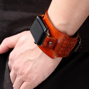 Vintage Cowhide Leather Watch Band Compass Runes Embossed Wide Cuff Bracelet Strap Compatible with Apple Watch Series