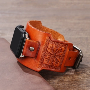 Retro brown leather watch strap with embossed Nordic runes for smartwatches
