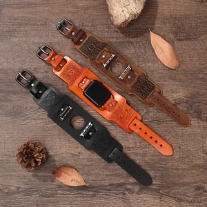 Retro leather wide cuff band for Apple Watch with Celtic knot embossing in three colors