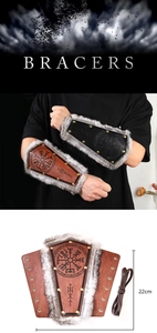 Detail view of 22cm Viking leather bracers with Vegvisir embossing and faux fur trim