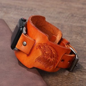 Vintage eagle embossed leather strap for smartwatches with metal rivets and brown finish
