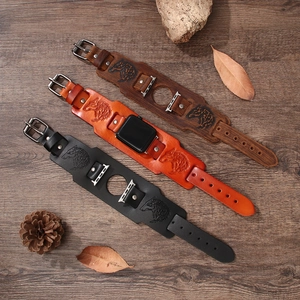 Vintage Lederarmband mit Wolf-Totem für Apple Watch in Schwarz, Orange und Braun