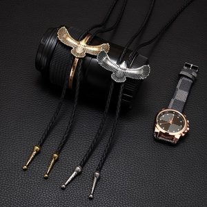 Vintage Western Cowboy Bolo Tie Retro Eagle Wings Pendant Alloy PU Leather Rope Necklace For Men Women Punk Jewelry Gift