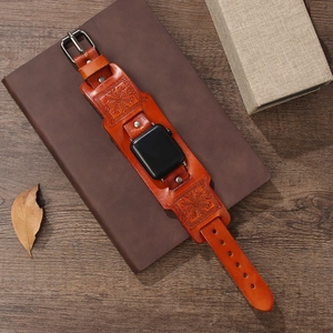 Retro orange-brown leather watch band with compass totem embossing and metal buckle