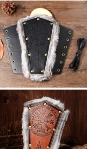 Detailed Nordic compass embossing on leather bracer with faux fur trim and laces