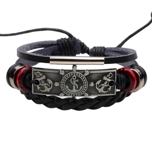 Vintage multi-layer braided leather anchor bracelet for men with nautical silver charms