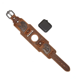 Vintage brown leather smart watch band with embossed eagle totem and steel buckle