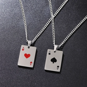 Colliers tendance en acier inoxydable avec pendentifs cartes de poker As de Cœur et Pique