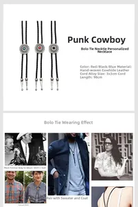 Detail of turquoise bolo tie featuring hand-woven leather cord and Western retro motifs