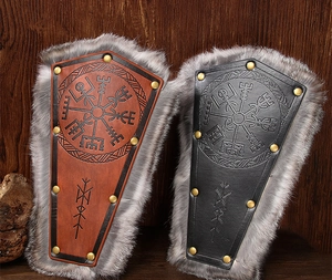 Detail of Viking leather bracers with Vegvisir compass embossing and faux fur lining