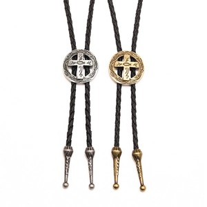 Retro religious Bolo Tie set with silver and bronze cross medallions on black woven cords