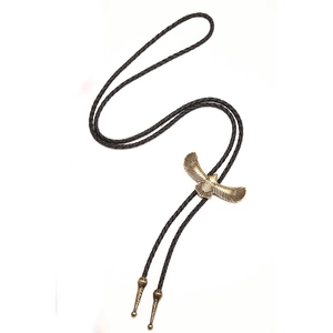 Vintage bolo tie with golden eagle wing pendant and black braided leather cord on white background