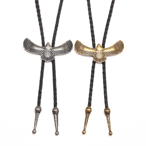 Retro eagle wing bolo tie with braided PU leather cord in antique silver and bronze finish