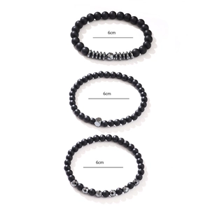 Three-piece set of matte black natural stone bracelets with metallic hematite spacers
