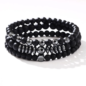 Three-piece set of men's matte black beaded bracelets with grey hematite spacers