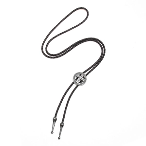 Vintage bolo tie with silver cross pendant and black braided cord for retro shirts