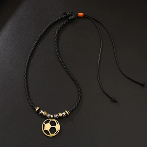 Vintage Soccer Football Pendant Necklace For Men Women Adjustable Braided Wax Rope Chain Wood Bead Sports Fan Jewelry Gift