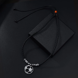 Adjustable woven leather cord necklace featuring a vintage football pendant and metal beads