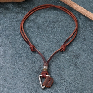 Retro men's genuine leather necklace featuring a vintage triangular metal pendant