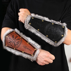 Medieval Viking Faux Fur Leather Bracers Retro Knight Arm Guards With Vegvisir Embossed Rivets For Cosplay Stage Costume Men