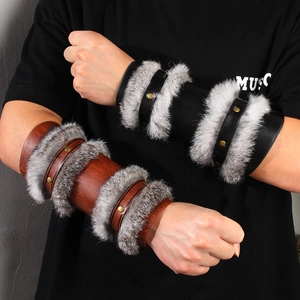 Medieval Viking Retro Faux Leather Bracers Artificial Fur Lined Arm Guards With Rivets For Cosplay Costume Outdoor Adult