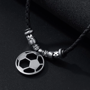 Adjustable black leather cord necklace with vintage beads and hollow football pendant