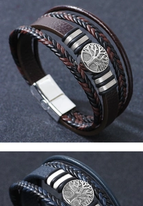 Détail du bracelet en cuir tressé multicouche avec breloque vintage Arbre de Vie en métal