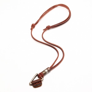 Men's retro leather necklace with industrial metal triangle pendant on white background