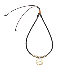 Adjustable woven leather necklace with vintage soccer pendant and wooden beads accent
