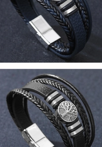 Détails macro du bracelet en cuir multicouche avec charm Arbre de Vie et fermoir aimanté