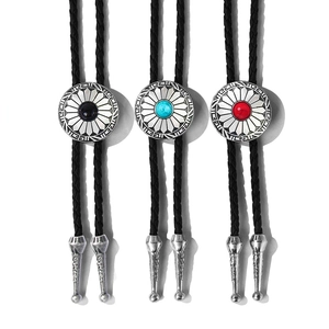 Vintage Western Bolo Tie Sunflower Alloy Pendant Braided PU Leather Rope Necklace Men Women Retro Punk Neckwear Jewelry