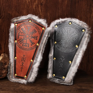 Medieval Viking leather bracers with faux fur trim and Vegvisir compass engraving