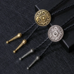 Vintage Western Cowboy Bolo Tie Retro Embossed Flower Alloy Pendant Adjustable Braided Artificial Leather Cord Necklace