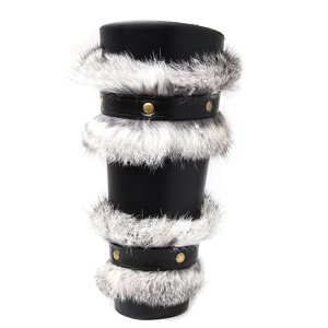 Viking style black faux leather arm guards with grey faux fur and gold metal rivets
