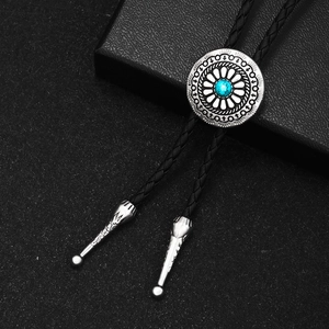 Vintage Western Cowboy Bolo Tie Alloy Artificial Turquoise Sunflower Pendant PU Leather Braided Cord Necklace For Unisex