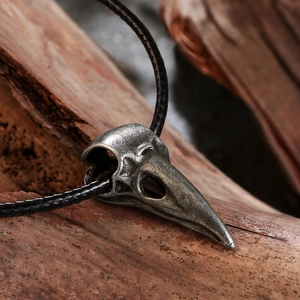 Gothic punk metal crow skull necklace with vintage silver pendant and black cord