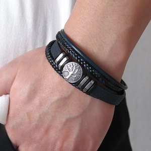 Bracelet Vintage Homme en Cuir PU Tressé Multicouche Avec Arbre de Vie en Alliage Fermoir Magnétique Bijoux Punk Unisexe Cadeau