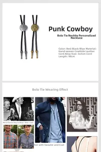 Detail of vintage bronze floral bolo tie with hand-woven black leather cord and silver motifs