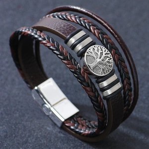 Bracelet multicouche en cuir pour homme avec charme Arbre de Vie et fermoir aimanté